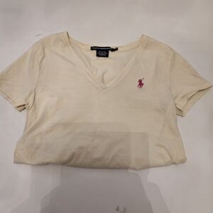 Ralph Lauren Cream V-Neck Polo Logo T-Shirt - Women's